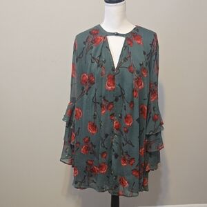 Umgee Red and Green Asymmetrical Bell Sleeve Mini Dress